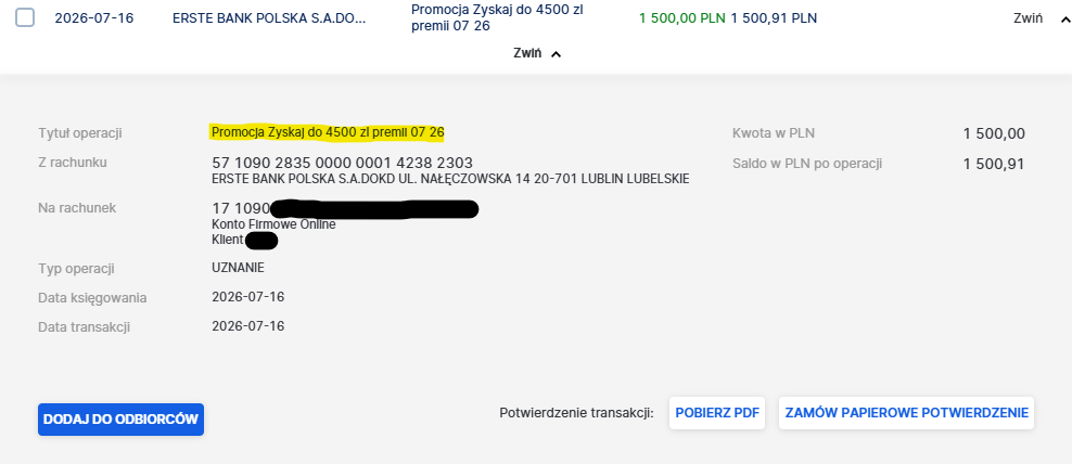 Potwierdzenie wypłaty premii z promocji Erste Bank